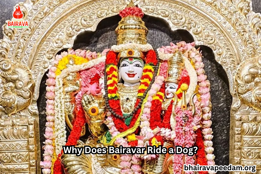 Lord Bhairavar, with divine ornaments, symbolizing why Bhairavar rides a dog and his role as protector of time and unseen energies